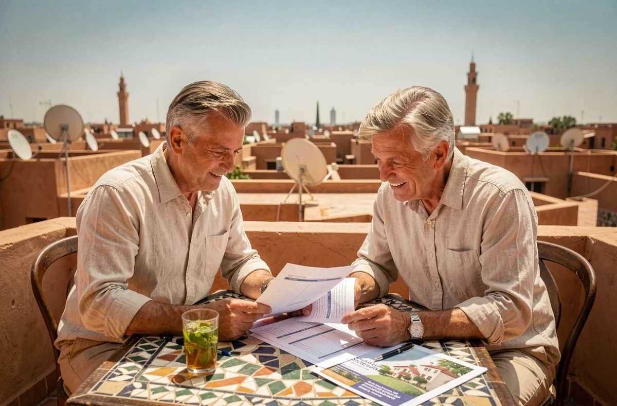 Couple étudiant un budget d'achat de riad sur une terrasse de la médina de Marrakech avec vue sur les toits