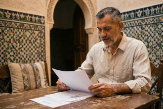 Acheteur marocain analysant des documents immobiliers dans un riad de Marrakech avant une transaction