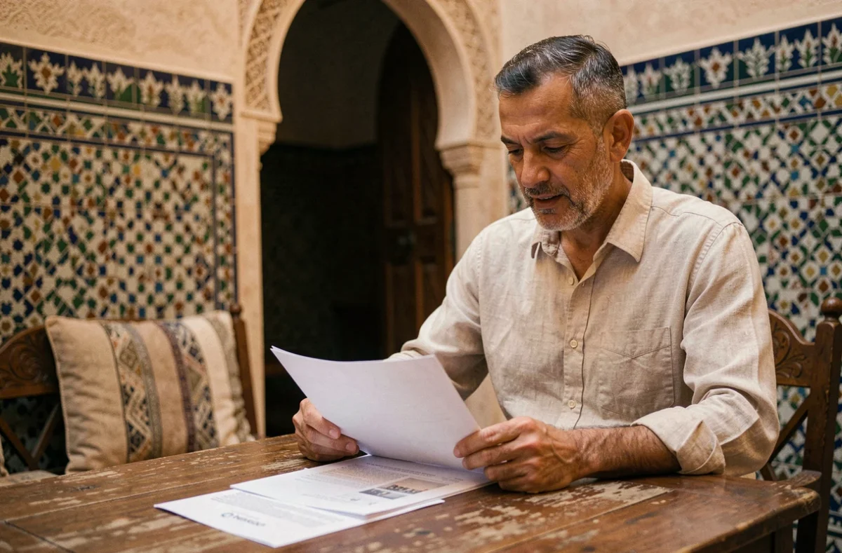 Acheteur marocain analysant des documents immobiliers dans un riad de Marrakech avant une transaction