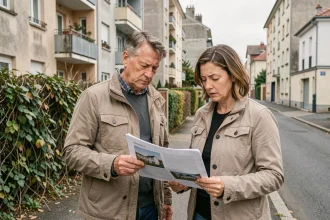 Couple d'acheteurs immobiliers examinant des documents devant des immeubles résidentiels à Conflans-Sainte-Honorine