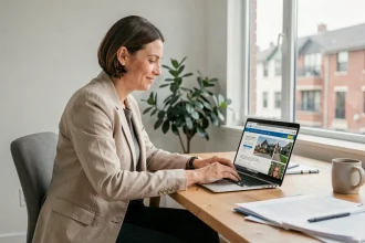 Femme consultant une annonce immobilière sur Limmomalin.fr depuis un bureau moderne en 2026