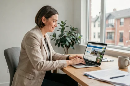 Femme consultant une annonce immobilière sur Limmomalin.fr depuis un bureau moderne en 2026