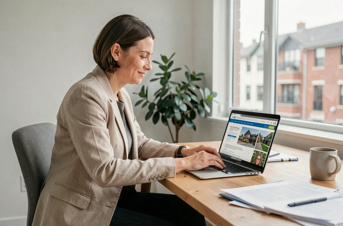 Femme consultant une annonce immobilière sur Limmomalin.fr depuis un bureau moderne en 2026