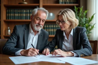 Deux particuliers signant un acte de vente d'étang chez un notaire en examinant les clauses du contrat