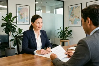 Agent immobilier de l'agence Dumoulin 87 présentant les garanties d'une transaction immobilière à un couple de clients dans un bureau professionnel à Limoges