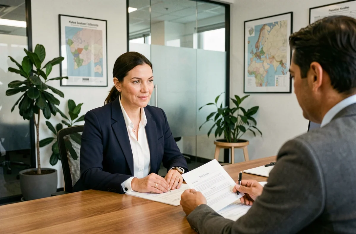 Agent immobilier de l'agence Dumoulin 87 présentant les garanties d'une transaction immobilière à un couple de clients dans un bureau professionnel à Limoges
