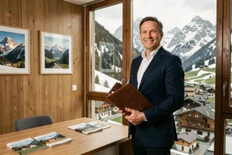 Agent immobilier professionnel en Savoie devant une vue panoramique sur les Alpes enneigées, tenant un portfolio dans un bureau élégant