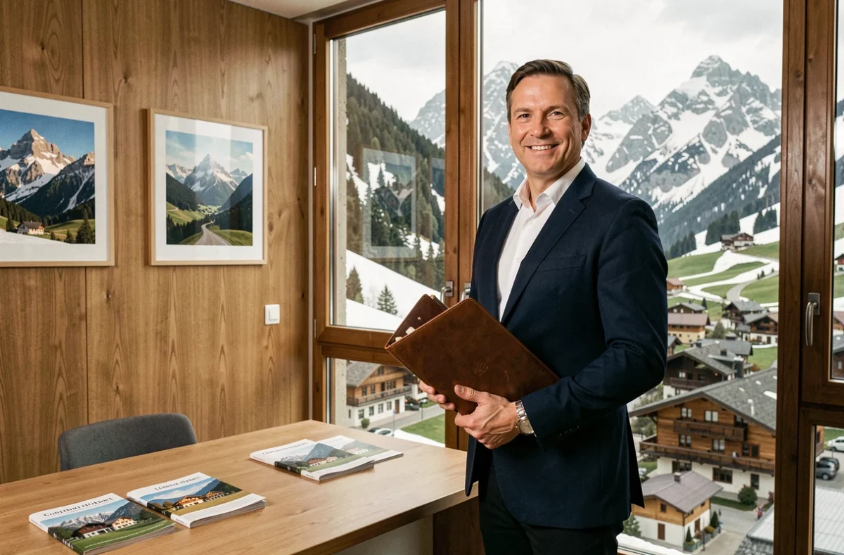 Agent immobilier professionnel en Savoie devant une vue panoramique sur les Alpes enneigées, tenant un portfolio dans un bureau élégant