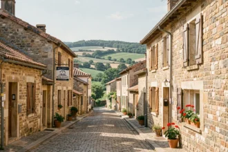 Vue large d'un village en pierre typique de l'Aveyron avec une agence immobilière locale en façade, symbolisant le marché immobilier régional