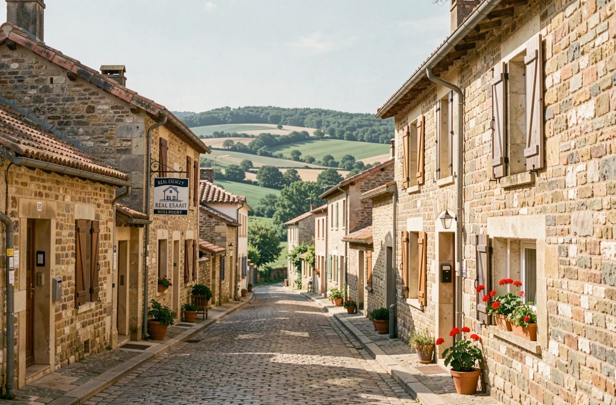 Vue large d'un village en pierre typique de l'Aveyron avec une agence immobilière locale en façade, symbolisant le marché immobilier régional