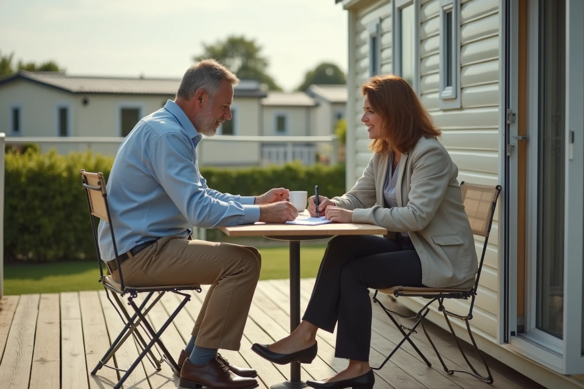 Agent immobilier et acheteuse discutant des garanties d'un mobil-home d'occasion sur la terrasse d'un camping