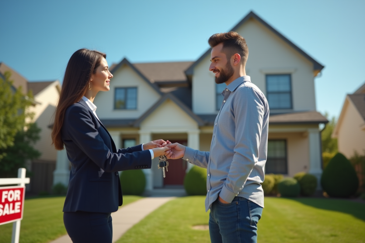 Agent immobilier remettant les clés à un propriétaire devant une maison