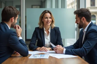 Agent immobilier Arthaud présentant les nouvelles conditions de vente 2026 à un couple d'acheteurs dans une agence moderne