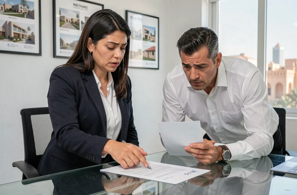 Agente immobilière présentant un contrat de vente d'appartement à un acheteur dans une agence à Marrakech