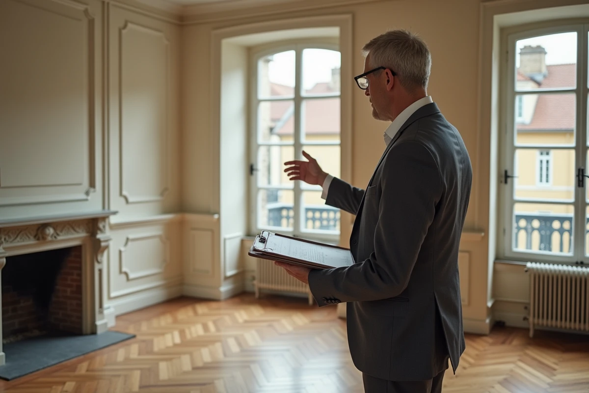 Agent immobilier professionnel réalisant une estimation de maison dans un appartement haussmannien vide