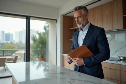 Agent immobilier en costume examinant une cuisine luxueuse