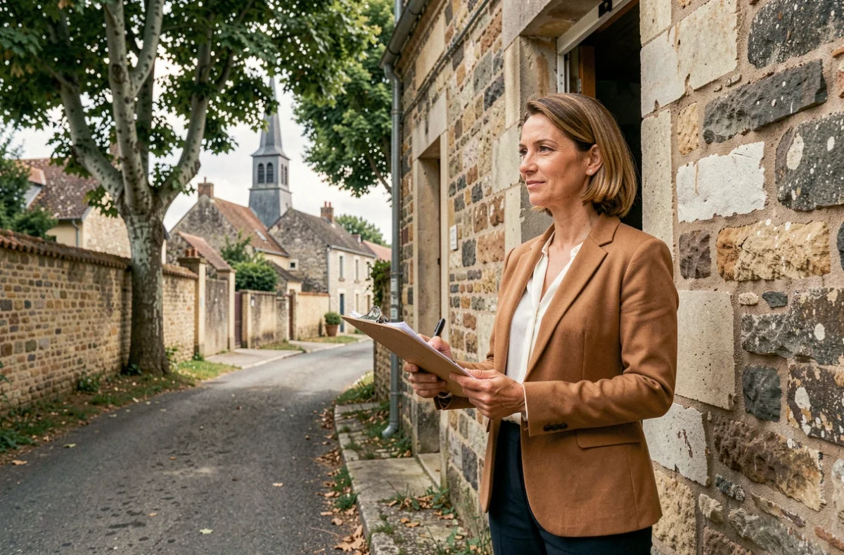 Agent immobilier évaluant une maison abandonnée à vendre dans un village d'Île-de-France