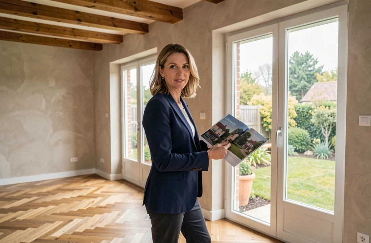 Agent immobilier présentant une maison rénovée à vendre à Beauvais, intérieur avec poutres apparentes et parquet en chêne