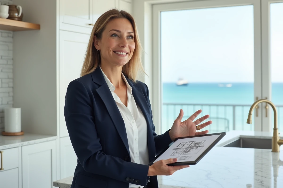 Agent immobilière présentant une maison vue sur la mer avec plans sur tablette dans une cuisine moderne côtière
