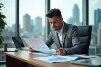 Agent immobilier inquiet analysant des rapports financiers