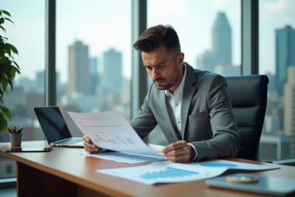 Agent immobilier inquiet analysant des rapports financiers
