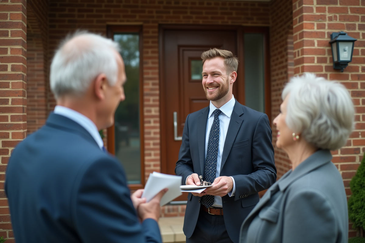 Agent immobilier remettant des clés à un couple devant leur maison