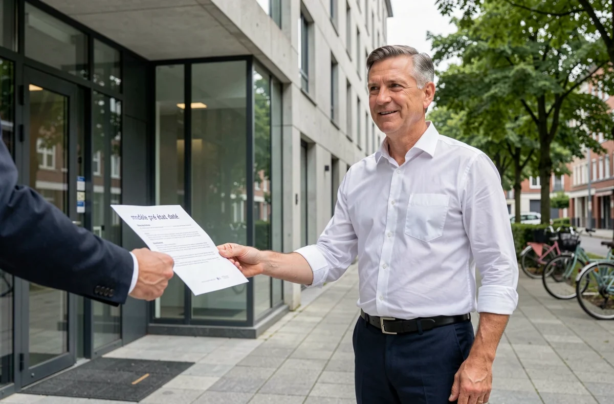 Agent immobilier remettant un modèle pré état daté à un acheteur devant un immeuble en copropriété