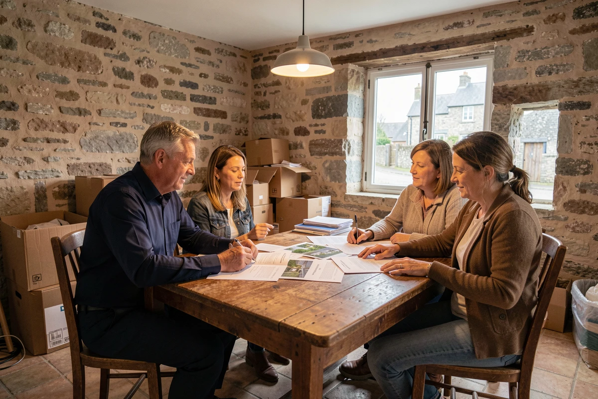 Agent immobilier et couple discutant de la vente urgente d'une maison dans le Morbihan lors d'une séparation