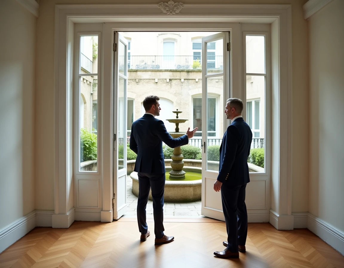 Agent immobilier présentant un appartement vide avec parquet en chevrons et fenêtres donnant sur une cour intérieure parisienne à un futur locataire