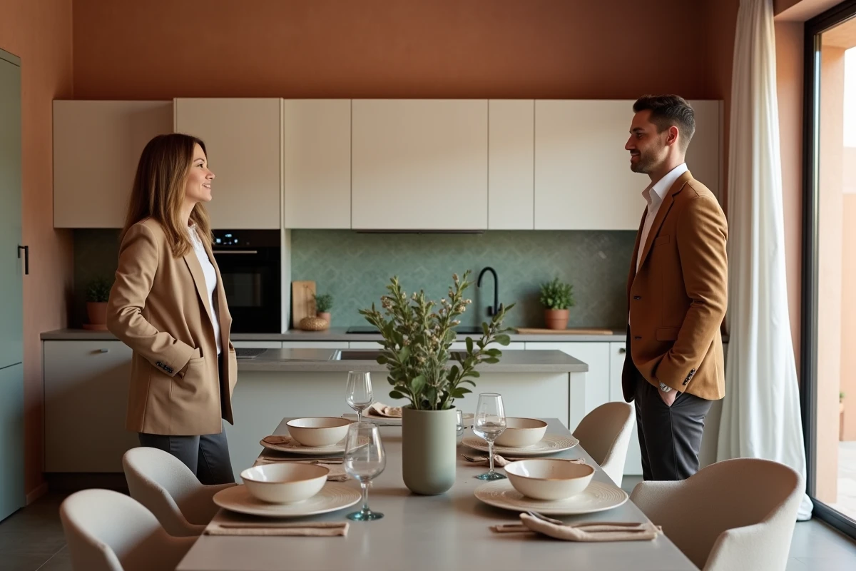 Agent immobilière présentant un appartement mis en scène à Marrakech avec cuisine moderne à zellige vert et espace repas stylisé à un couple d'acheteurs potentiels