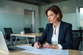 Agente administrative consultant des documents RGPD sur ordinateur portable dans un bureau municipal de Toulouse