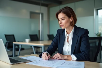 Agente administrative consultant des documents RGPD sur ordinateur portable dans un bureau municipal de Toulouse