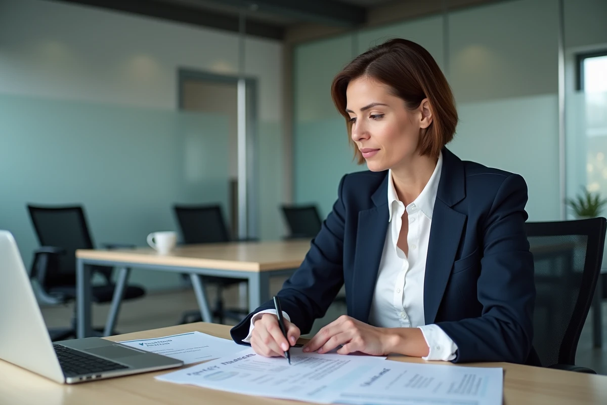 Agente administrative consultant des documents RGPD sur ordinateur portable dans un bureau municipal de Toulouse