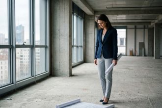 Femme professionnelle examinant des plans d'aménagement dans un espace de bureaux vide à Lyon avant installation