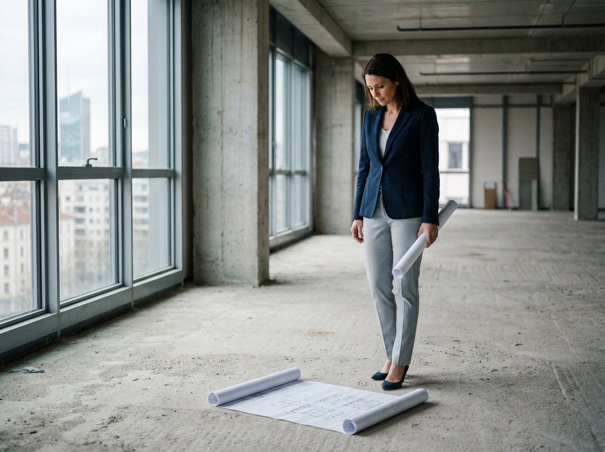 Femme professionnelle examinant des plans d'aménagement dans un espace de bureaux vide à Lyon avant installation
