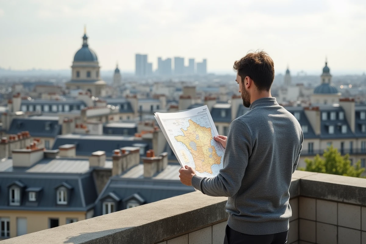 Analyste immobilier sur une terrasse parisienne observant le panorama urbain avec carte du marché immobilier français 2026