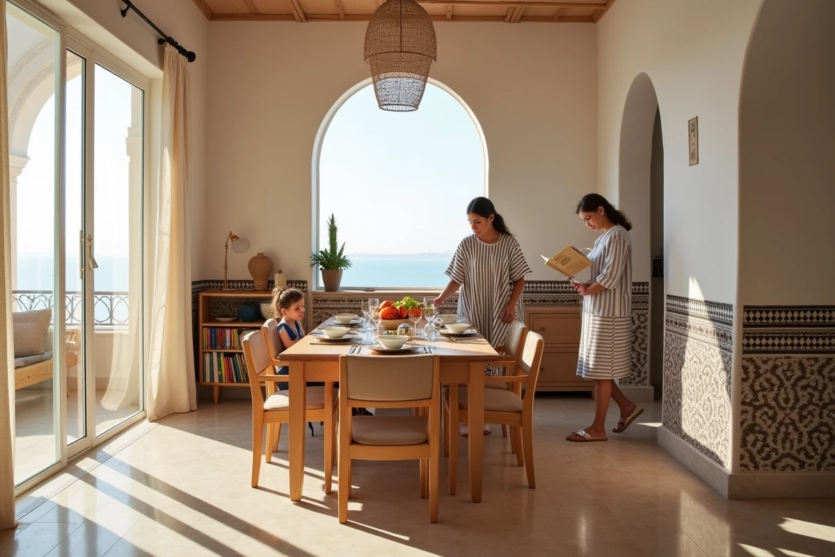 Intérieur d'un appartement en location à Essaouira adapté aux familles avec vue sur mer et ambiance chaleureuse