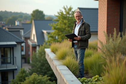Architecte inspectant un toit vert urbain avec végétation