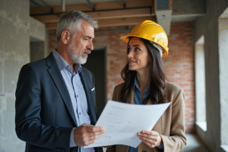 Architecte et jeune femme en casque dans un bâtiment en construction