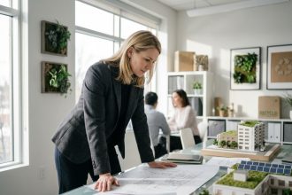 Architecte professionnelle examinant des plans de performance environnementale pour des actifs immobiliers dans un bureau moderne