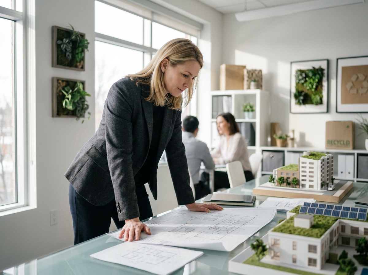 Architecte professionnelle examinant des plans de performance environnementale pour des actifs immobiliers dans un bureau moderne