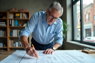 Architecte consultant les plans de dimensions d'une place de parking avant dépôt du permis de construire