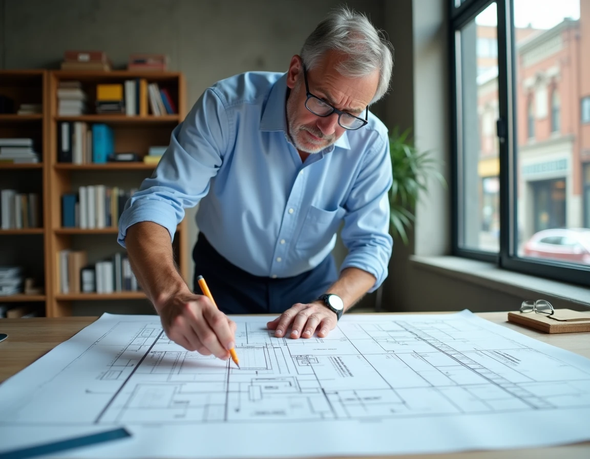 Architecte consultant les plans de dimensions d'une place de parking avant dépôt du permis de construire