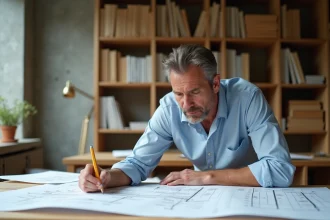 Architecte analysant les plans et devis d'une maison ossature bois pour éviter les erreurs de budget