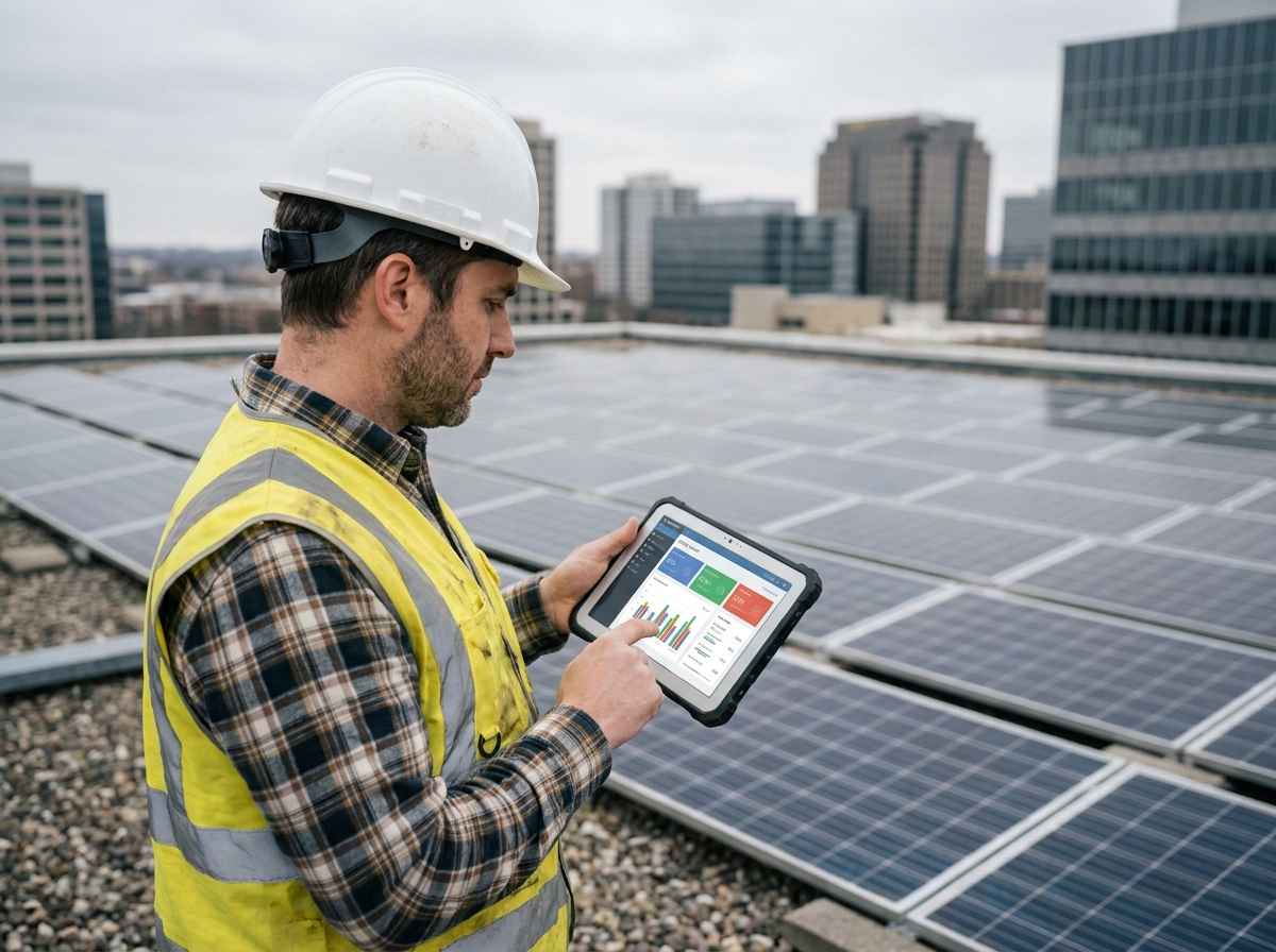Consultant en énergie effectuant un audit de performance sur le toit solaire d'un immeuble commercial professionnel