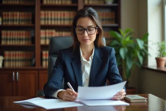 Avocate analysant un document juridique lié à une garantie locative dans un bureau professionnel