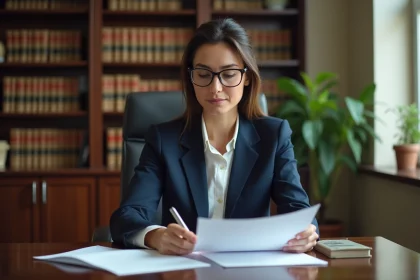 Avocate analysant un document juridique lié à une garantie locative dans un bureau professionnel