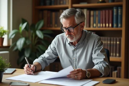 Propriétaire bailleur lisant attentivement un contrat de bail et des documents juridiques relatifs à la loi du 6 juillet 1989 dans un bureau à domicile