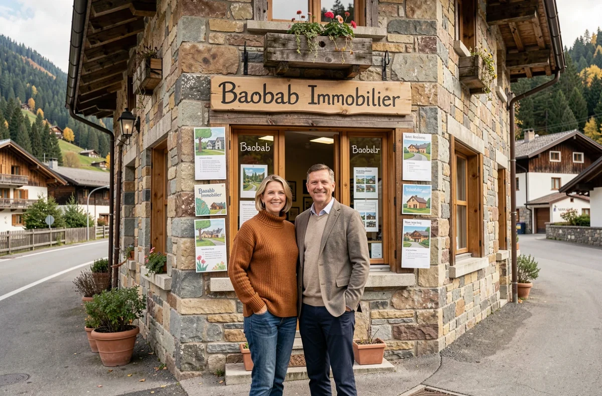 Agents indépendants de Baobab Immobilier devant leur agence en pierre dans un village pittoresque de Savoie