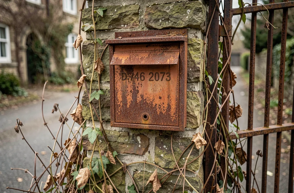Boîte aux lettres rouillée sur pilier de pierre d'une propriété à l'abandon avec adresse illisible et végétation envahissante